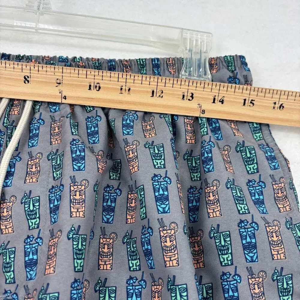 Life is Good Swim Trunks Men Size L Gray Tiki Print Mesh Lined Drawstring Shorts